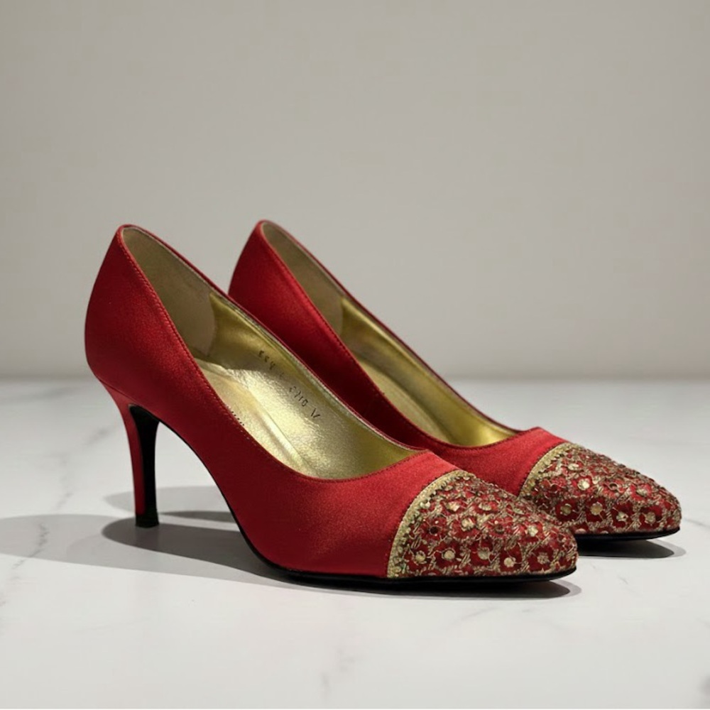 St John Red Satin Embellished Heels Made in Italy Size 7B Elevated Bollywood